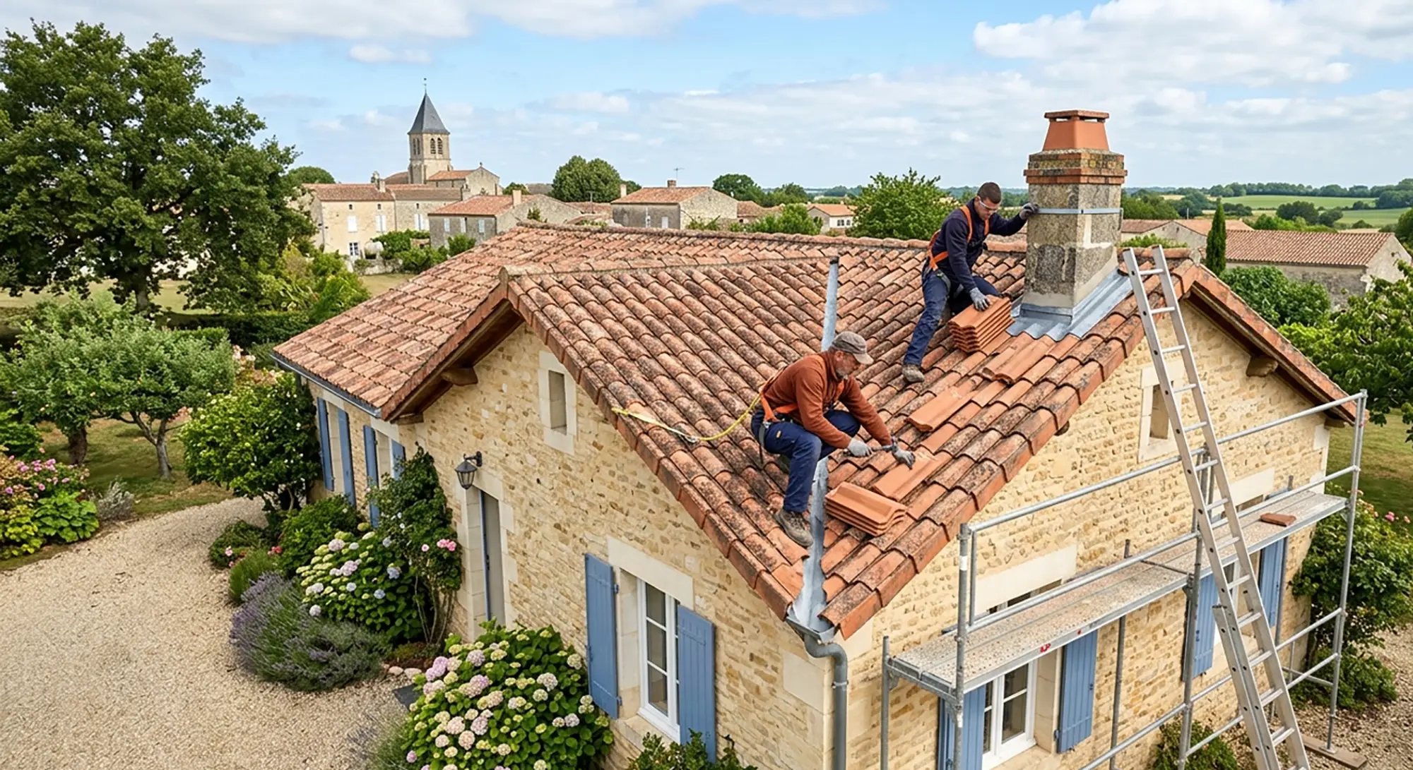 Deux couvreurs professionnels travaillant sur une toiture traditionnelle à Échiré